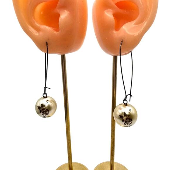 Pierced Chunky Beaded Earrings Imitation Pearl Black Floral Motiff Long Wire - Picture 2 of 8